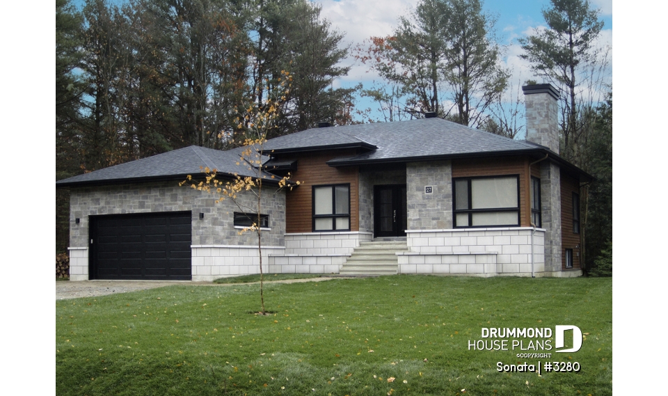 front - BASE MODEL - Affordable Ranch bungalow, home office (or bed # 3), 2-car garage, pantry, fireplace, laundry room - Sonata