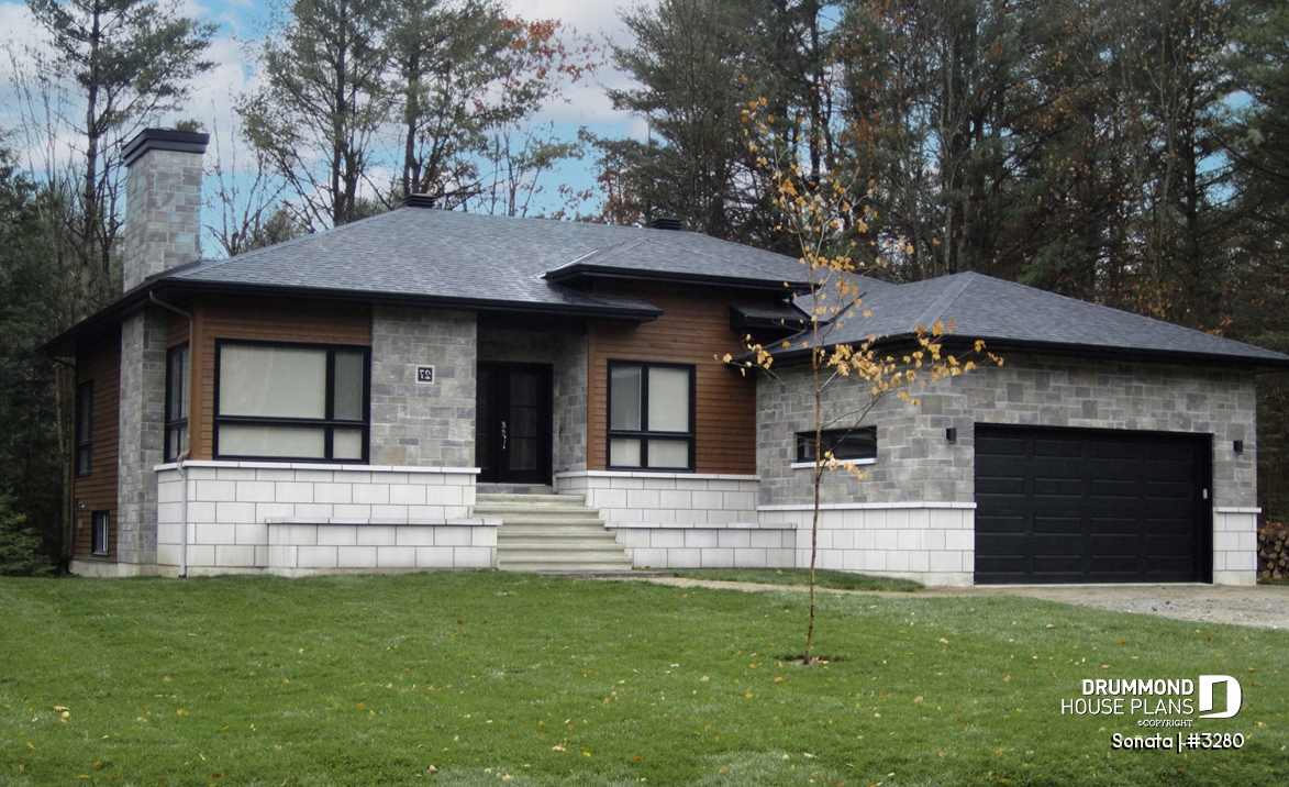 front - BASE MODEL - Affordable Ranch bungalow, home office (or bed # 3), 2-car garage, pantry, fireplace, laundry room - Sonata