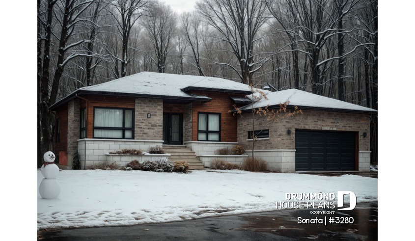 front - BASE MODEL of house plan 3280 front - BASE MODEL - Affordable Ranch bungalow, home office (or bed # 3), 2-car garage, pantry, fireplace, laundry room - Sonata