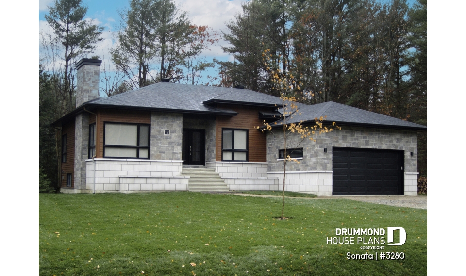 front - BASE MODEL - Affordable Ranch bungalow, home office (or bed # 3), 2-car garage, pantry, fireplace, laundry room - Sonata