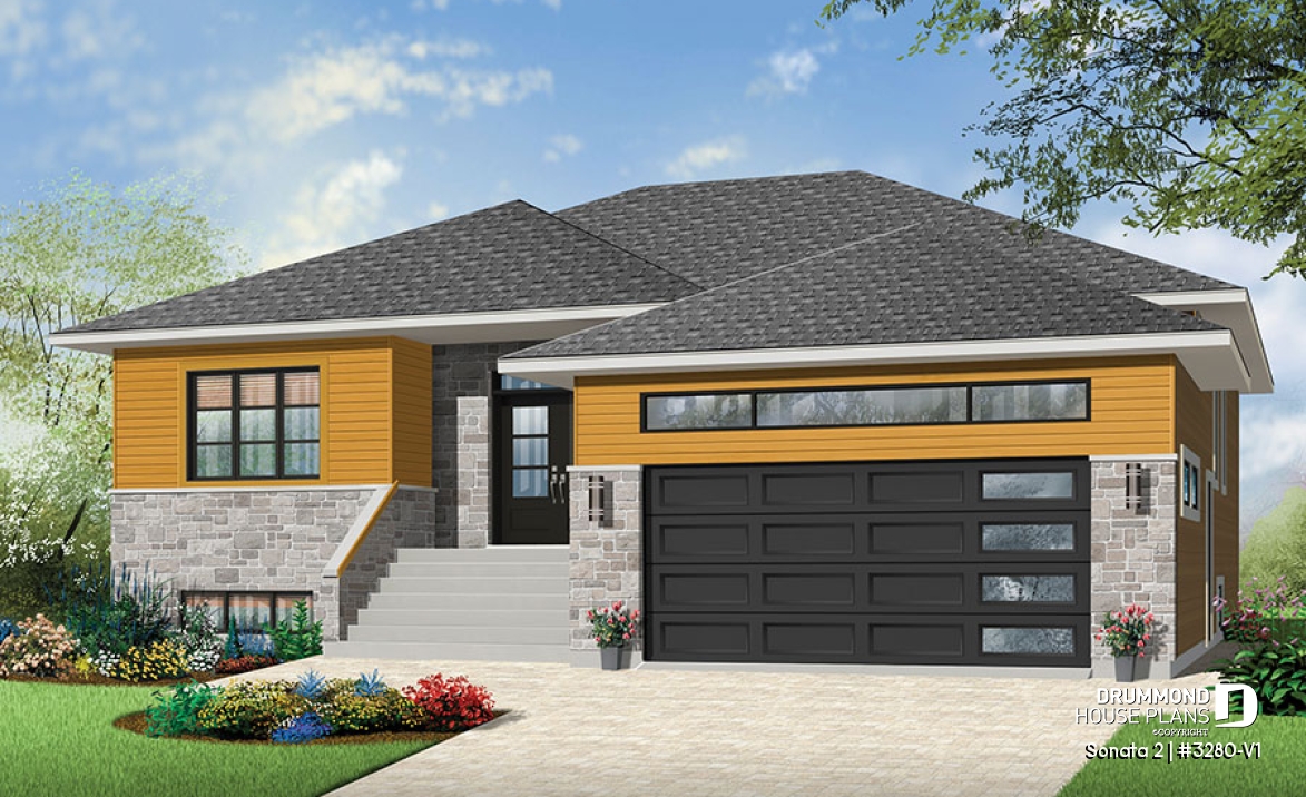 front - BASE MODEL - Modern home design, master ensuite, open floor plan, home office or bedroom #3, 2-car garage - Sonata 2