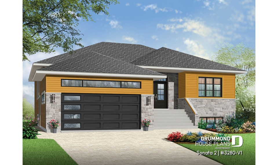 front - BASE MODEL - Modern home design, master ensuite, open floor plan, home office or bedroom #3, 2-car garage - Sonata 2