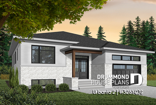 Color version 2 - Front - Modern 3 bedroom one-storey house plan with garage, open floor plan, fireplace, large kitchen island, pantry - Urbania 2