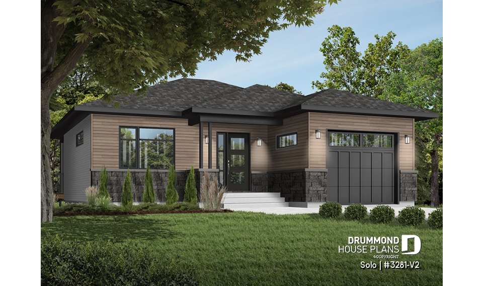 front - BASE MODEL - One-bedroom small one-story modern house plan with open floor plan, master suite, great kitchen, garage - Solo