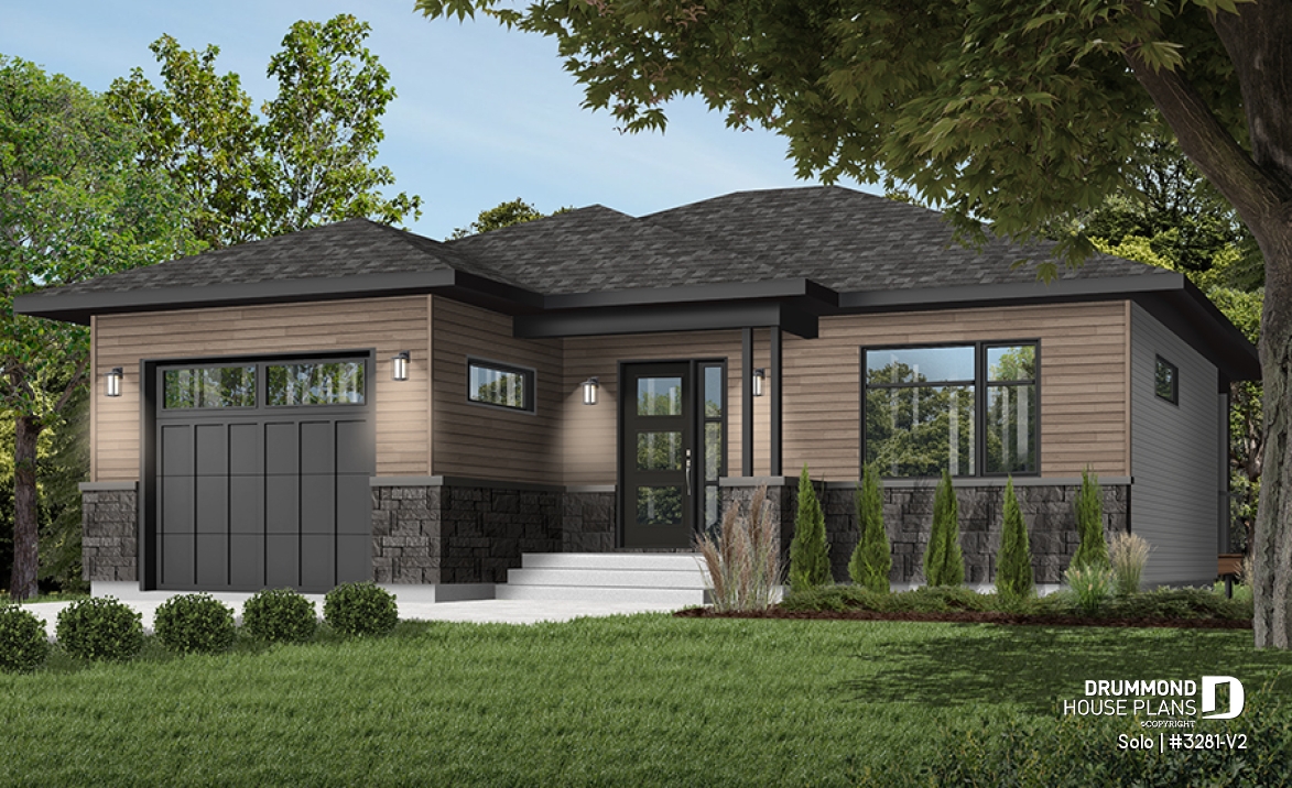 front - BASE MODEL - One-bedroom small one-story modern house plan with open floor plan, master suite, great kitchen, garage - Solo
