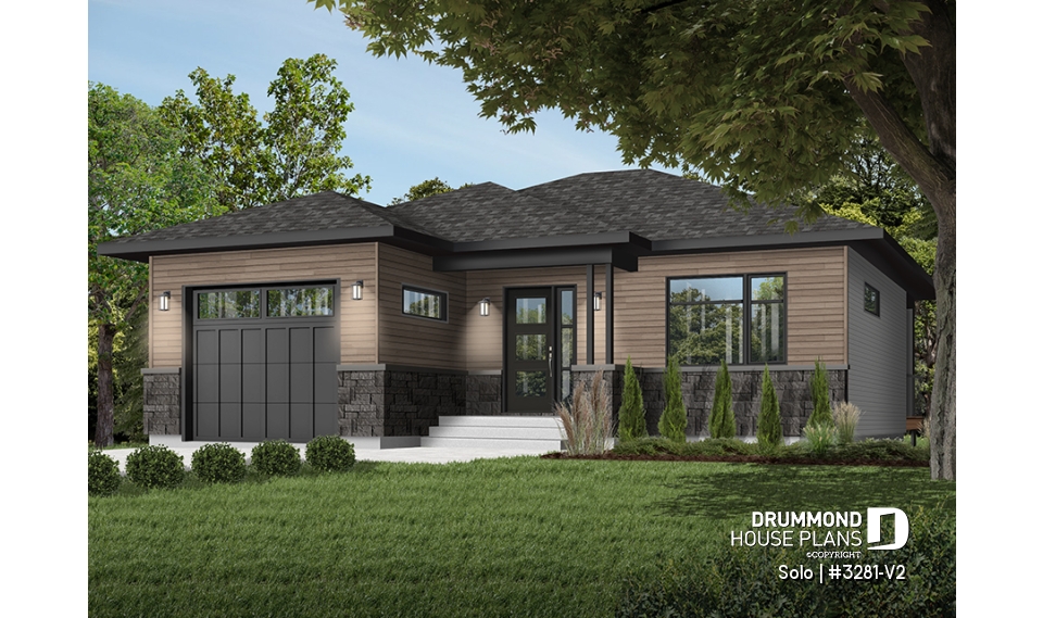 front - BASE MODEL - One-bedroom small one-story modern house plan with open floor plan, master suite, great kitchen, garage - Solo