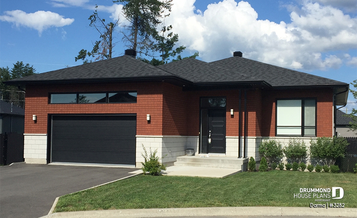 front - BASE MODEL - Contemporary house plan with garage, open floor plan, large kitchen island, laundry on main floor - Darma