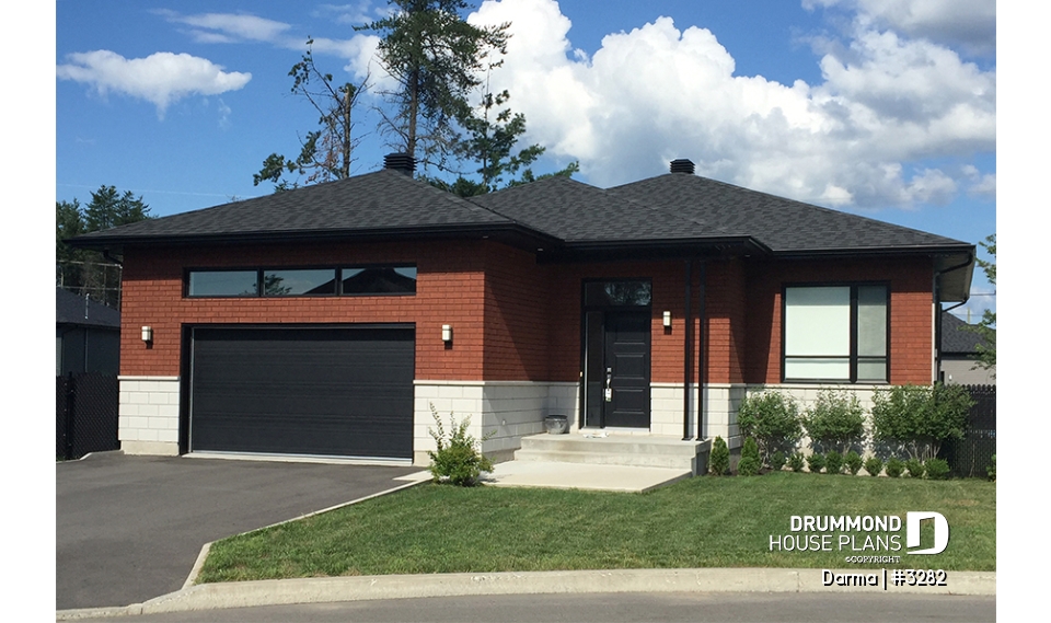 front - BASE MODEL - Contemporary house plan with garage, open floor plan, large kitchen island, laundry on main floor - Darma