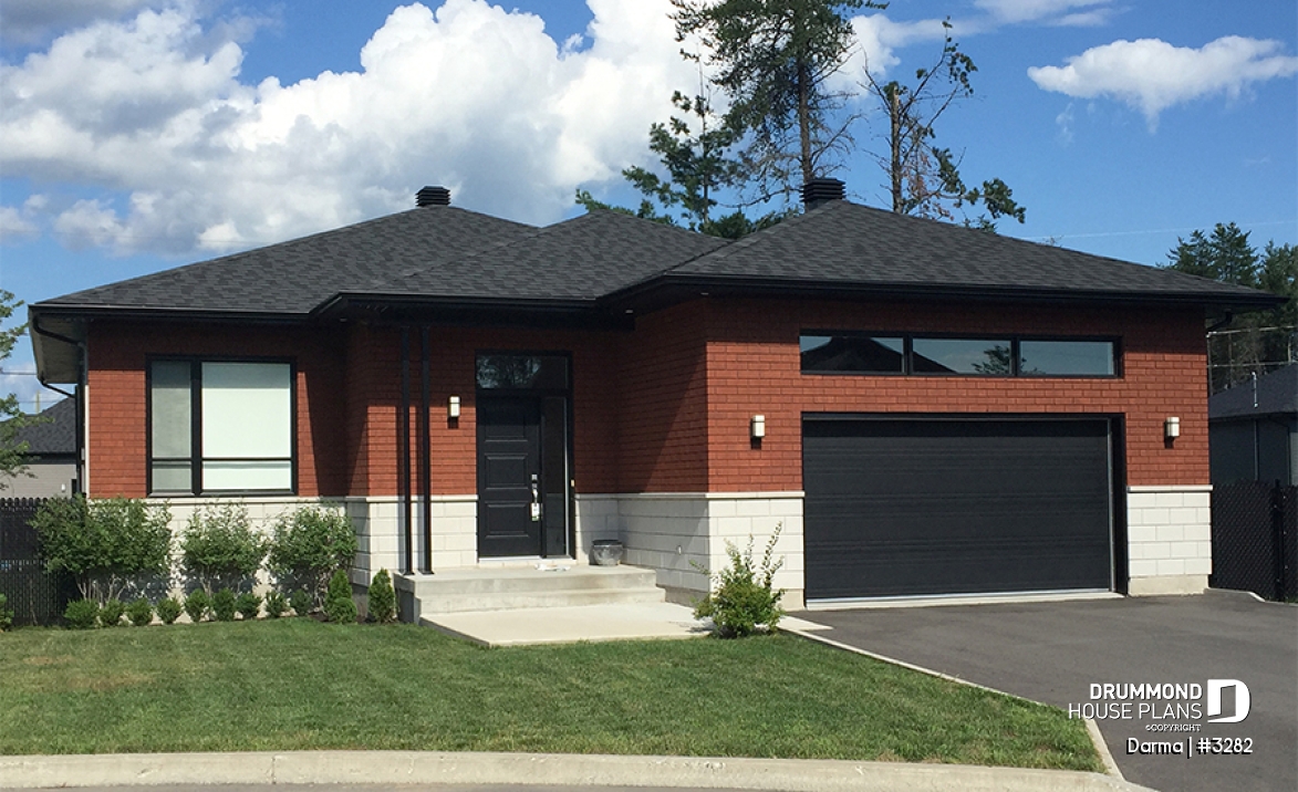 front - BASE MODEL - Contemporary house plan with garage, open floor plan, large kitchen island, laundry on main floor - Darma