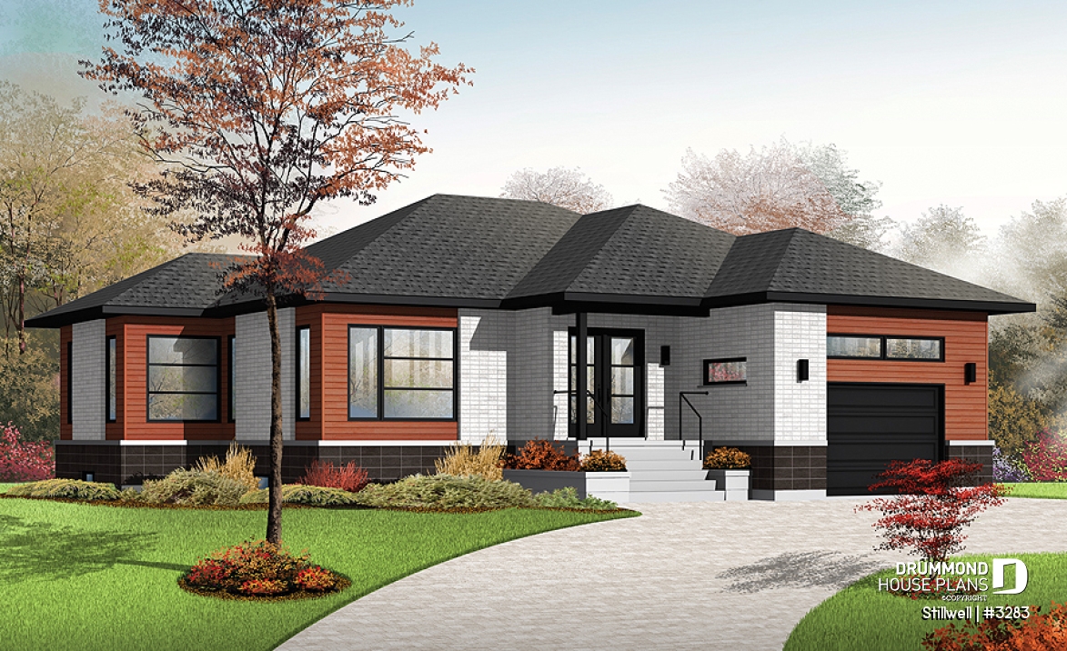 front - BASE MODEL - Modern House Plan with open floor plan concept, large kitchen island and a large garage - Stillwell