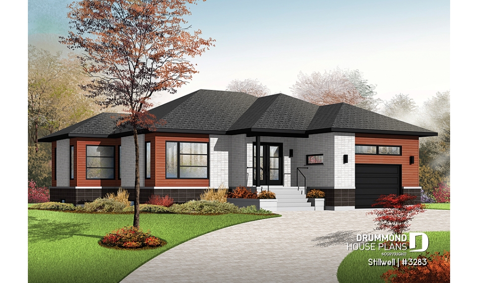 front - BASE MODEL - Modern House Plan with open floor plan concept, large kitchen island and a large garage - Stillwell