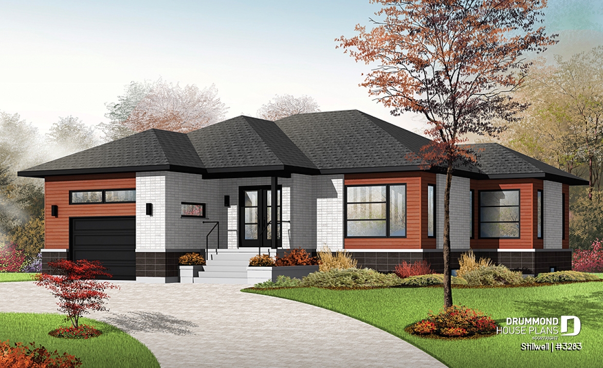 front - BASE MODEL - Modern House Plan with open floor plan concept, large kitchen island and a large garage - Stillwell