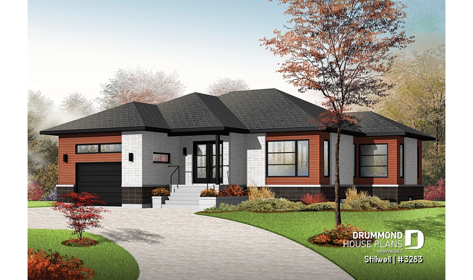 front - BASE MODEL - Modern House Plan with open floor plan concept, large kitchen island and a large garage - Stillwell