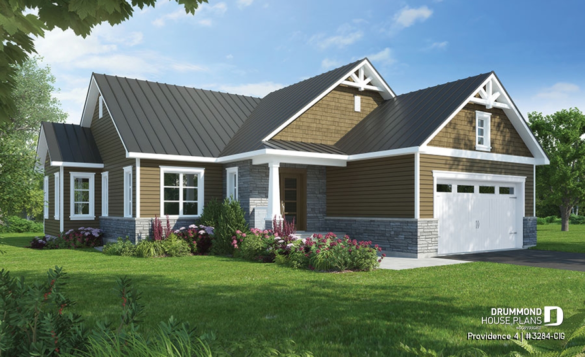 front - BASE MODEL - Narrow lot home house plan, 3 bedrooms on same level, 2 bathrooms, 2-car garage, fireplace, laundry room - Providence 4