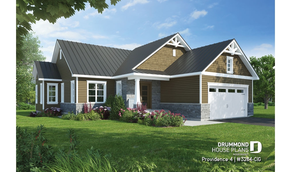 front - BASE MODEL - Narrow lot home house plan, 3 bedrooms on same level, 2 bathrooms, 2-car garage, fireplace, laundry room - Providence 4