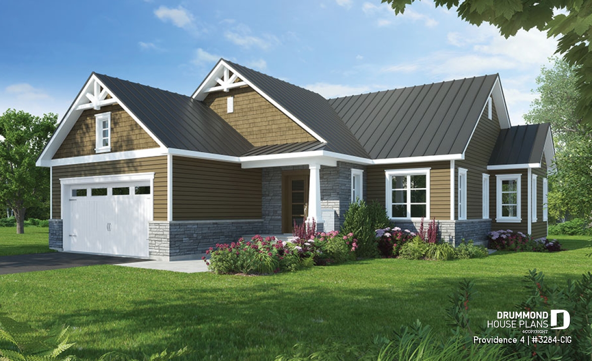 front - BASE MODEL - Narrow lot home house plan, 3 bedrooms on same level, 2 bathrooms, 2-car garage, fireplace, laundry room - Providence 4