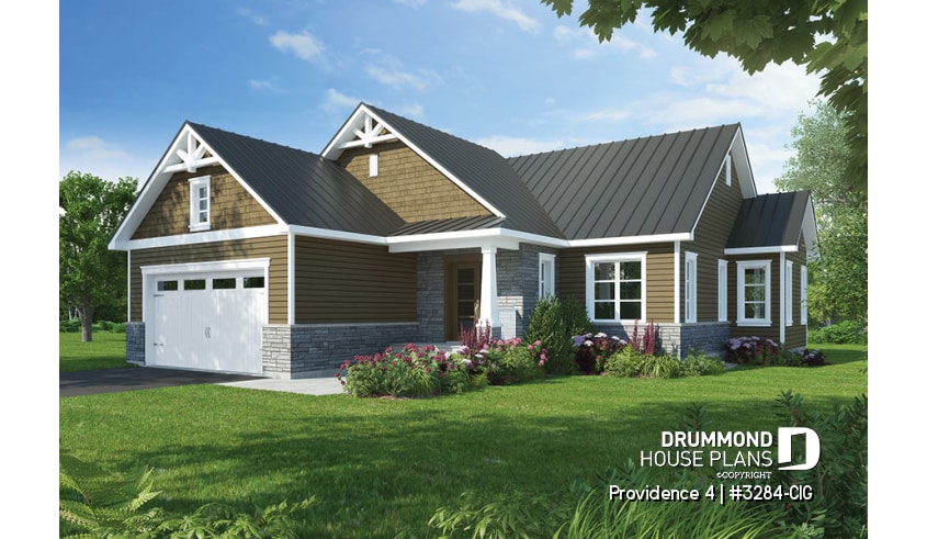front - BASE MODEL - Narrow lot home house plan, 3 bedrooms on same level, 2 bathrooms, 2-car garage, fireplace, laundry room - Providence 4
