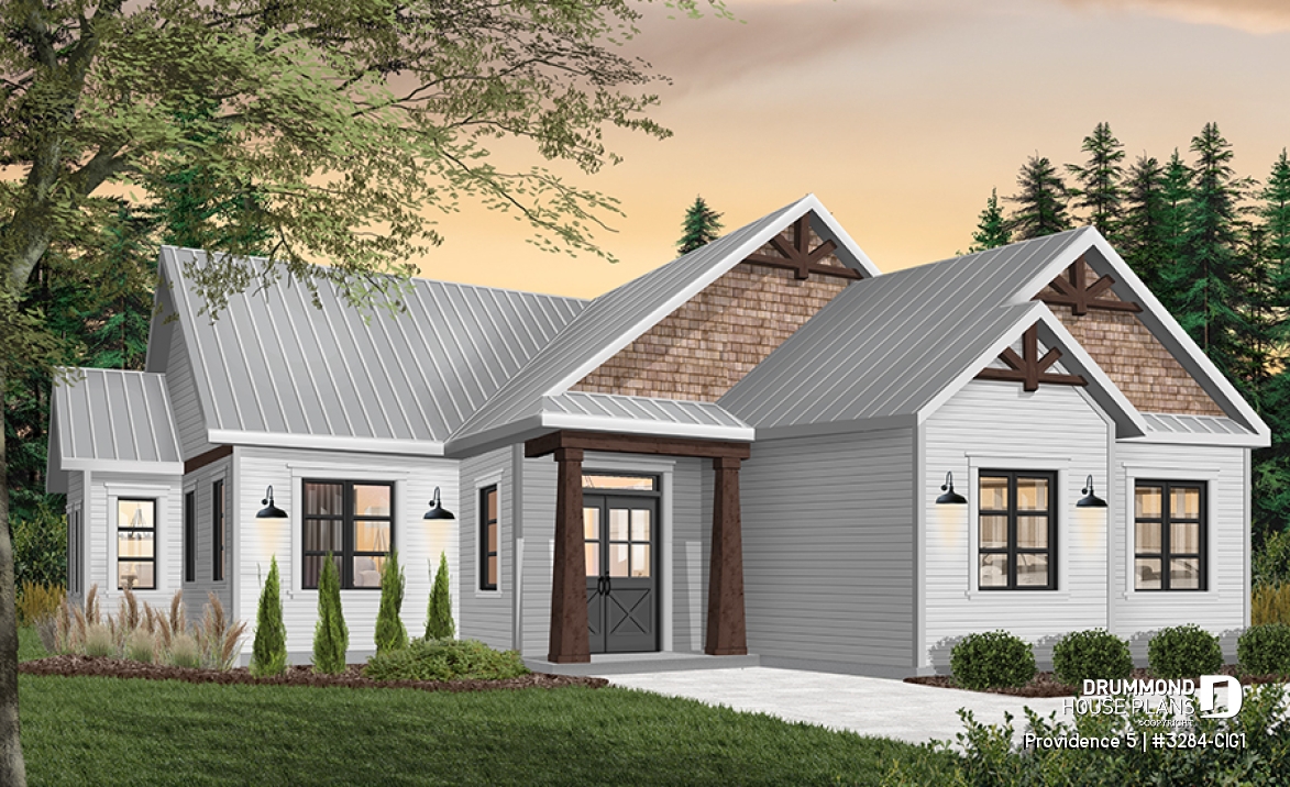 Color version 1 - Front - Charming Country Rustic economical narrow lot home plan with 3 bedrooms, 2-car garage, open floor plan - Providence 5