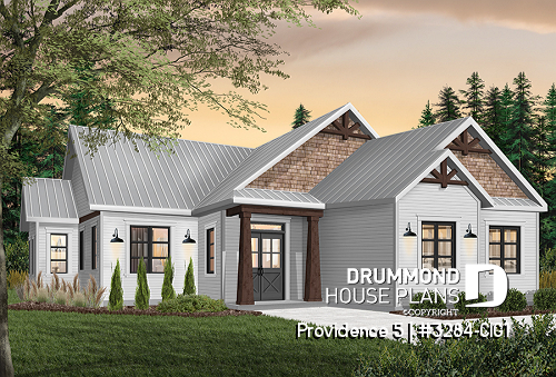 Color version 1 - Front - Charming Country Rustic economical narrow lot home plan with 3 bedrooms, 2-car garage, open floor plan - Providence 5