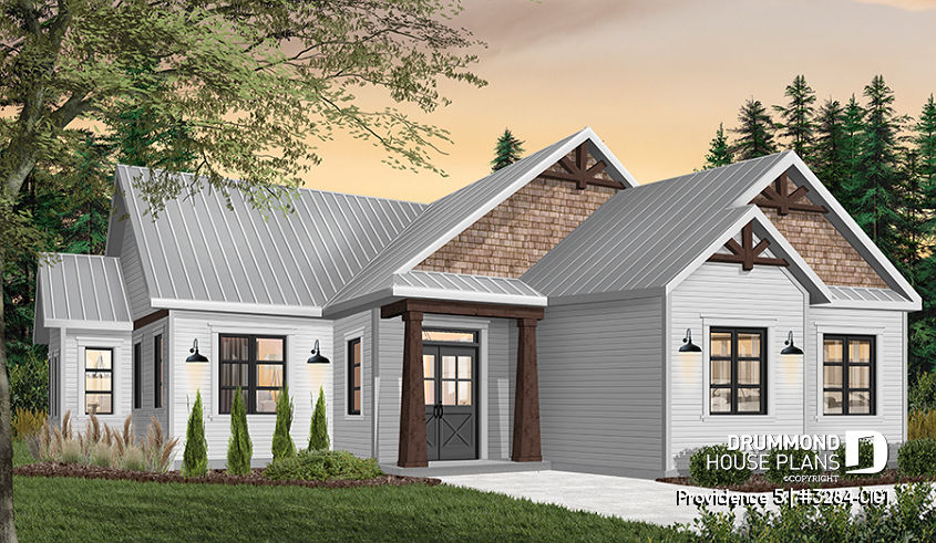 Color version 1 - Front - Charming Country Rustic economical narrow lot home plan with 3 bedrooms, 2-car garage, open floor plan - Providence 5