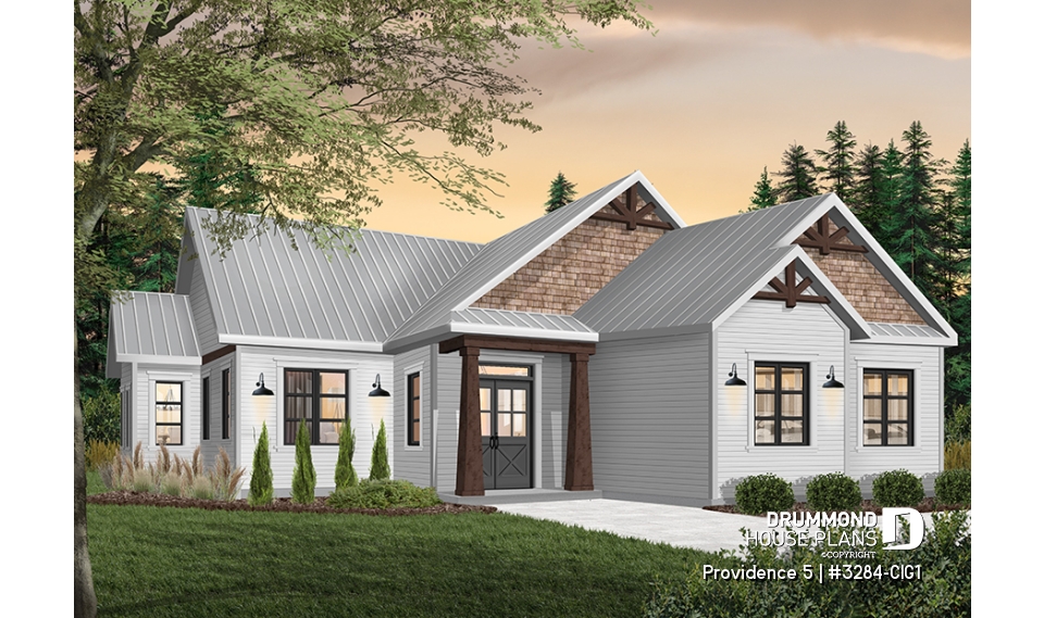 Color version 1 - Front - Charming Country Rustic economical narrow lot home plan with 3 bedrooms, 2-car garage, open floor plan - Providence 5