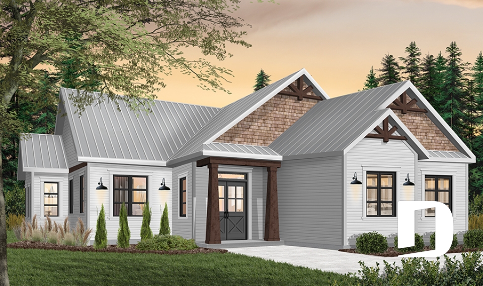 Color version 1 - Front - Charming Country Rustic economical narrow lot home plan with 3 bedrooms, 2-car garage, open floor plan - Providence 5
