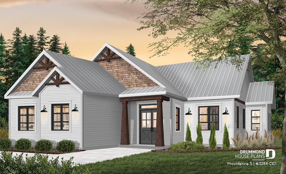 Color version 1 - Front - Charming Country Rustic economical narrow lot home plan with 3 bedrooms, 2-car garage, open floor plan - Providence 5