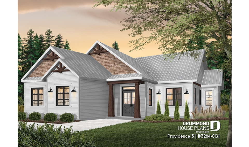 Color version 1 - Front - Charming Country Rustic economical narrow lot home plan with 3 bedrooms, 2-car garage, open floor plan - Providence 5