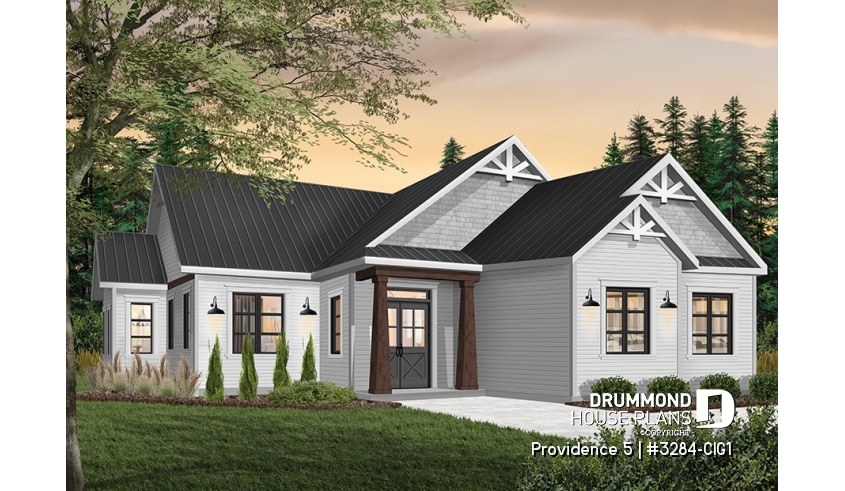 Color version 2 - Front - Charming Country Rustic economical narrow lot home plan with 3 bedrooms, 2-car garage, open floor plan - Providence 5