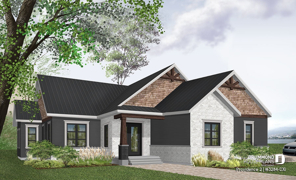 front - BASE MODEL - Three bedroom home plan with open floor plan, fireplace, master suite, laundry room, side entry 2-car garage - Providence 2