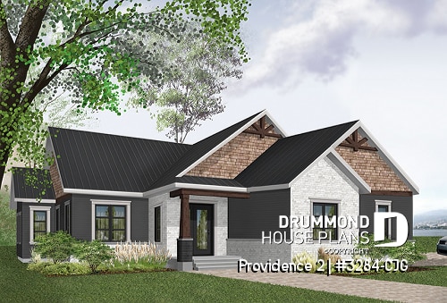front - BASE MODEL - Three bedroom home plan with open floor plan, fireplace, master suite, laundry room, side entry 2-car garage - Providence 2