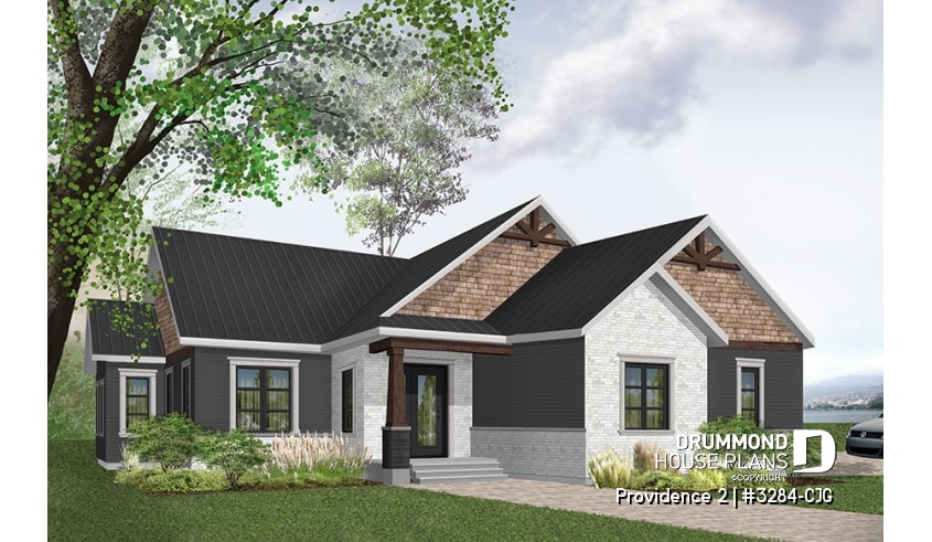 front - BASE MODEL - Three bedroom home plan with open floor plan, fireplace, master suite, laundry room, side entry 2-car garage - Providence 2