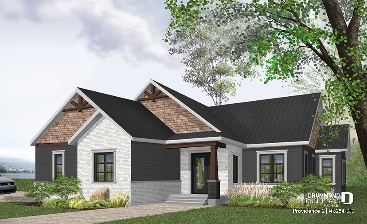 front - BASE MODEL - Three bedroom home plan with open floor plan, fireplace, master suite, laundry room, side entry 2-car garage - Providence 2