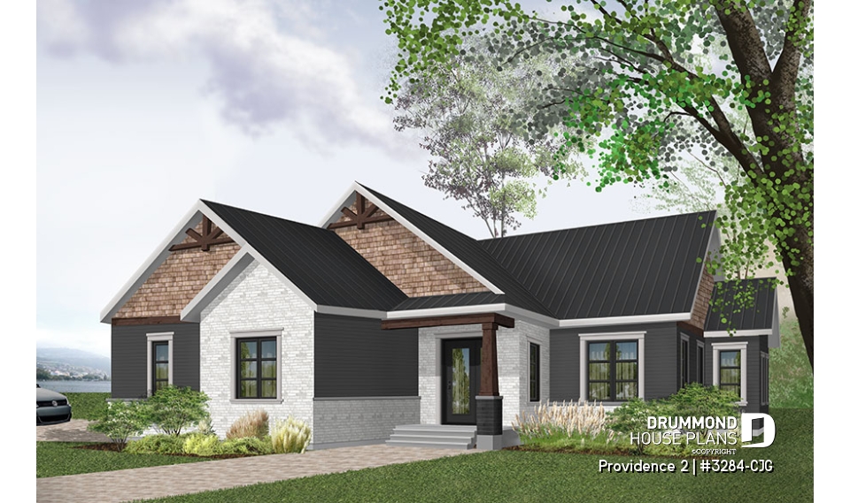 front - BASE MODEL - Three bedroom home plan with open floor plan, fireplace, master suite, laundry room, side entry 2-car garage - Providence 2