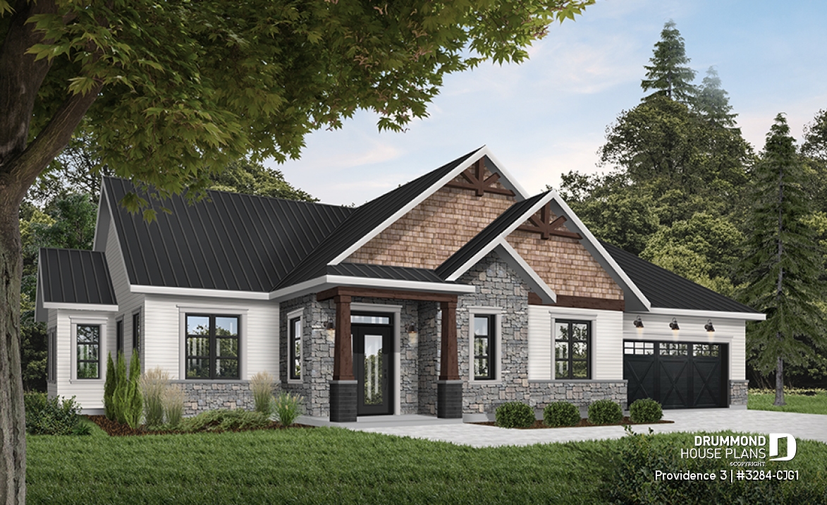 front - BASE MODEL - Rustic Craftsman Style Bungalow House Plan with Double Garage, 3 Bedrooms, and Warm Country Charm - Providence 3
