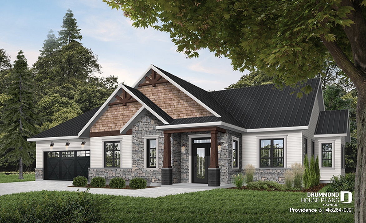 front - BASE MODEL - Rustic Craftsman Style Bungalow House Plan with Double Garage, 3 Bedrooms, and Warm Country Charm - Providence 3