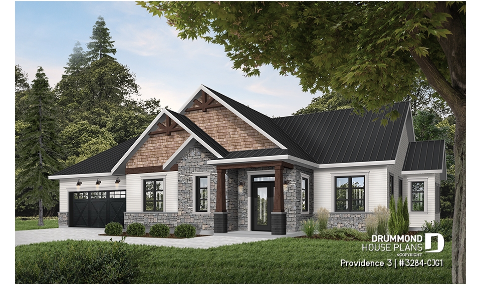 front - BASE MODEL - Rustic Craftsman Style Bungalow House Plan with Double Garage, 3 Bedrooms, and Warm Country Charm - Providence 3
