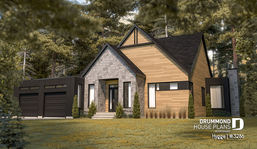Color version 1 - Front - 3 bedroom scandinavian style bungalow, master suite, 2-car garage, lots of windows, 9' ceiling - Hygge