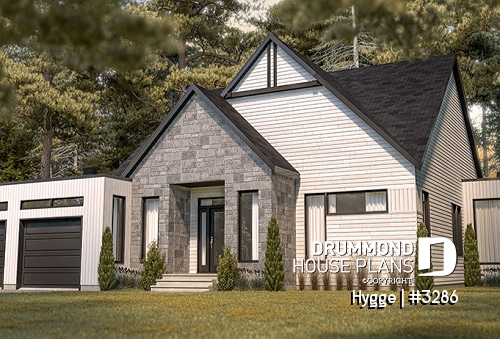 Color version 3 - Front - 3 bedroom scandinavian style bungalow, master suite, 2-car garage, lots of windows, 9' ceiling - Hygge