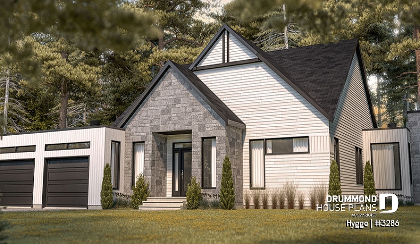 Color version 3 - Front - 3 bedroom scandinavian style bungalow, master suite, 2-car garage, lots of windows, 9' ceiling - Hygge