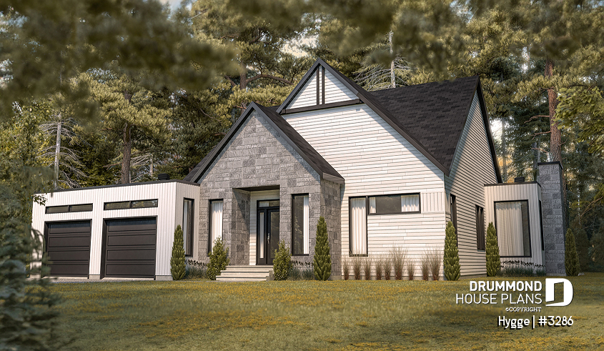 Color version 3 - Front - 3 bedroom scandinavian style bungalow, master suite, 2-car garage, lots of windows, 9' ceiling - Hygge