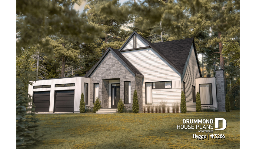 Color version 3 - Front - 3 bedroom scandinavian style bungalow, master suite, 2-car garage, lots of windows, 9' ceiling - Hygge