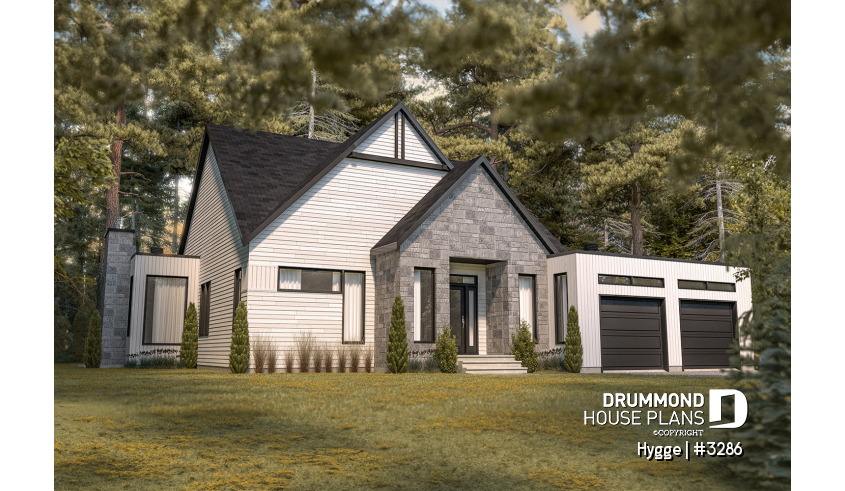 Color version 3 - Front - 3 bedroom scandinavian style bungalow, master suite, 2-car garage, lots of windows, 9' ceiling - Hygge