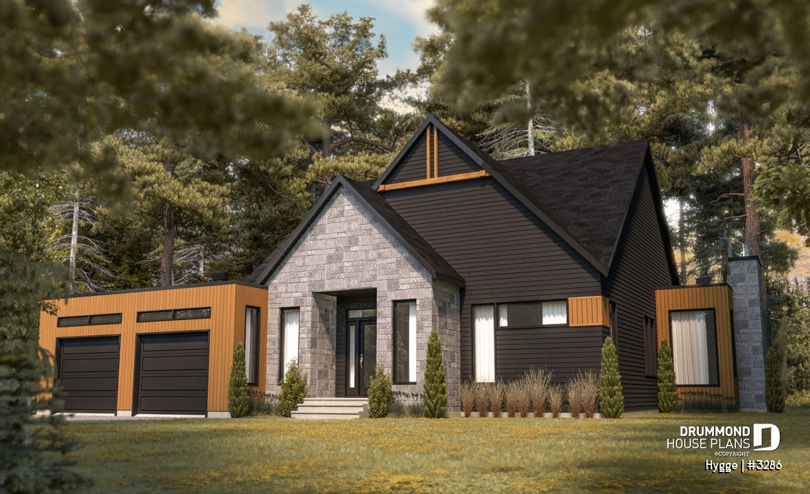 front - BASE MODEL - Modern Scandinavian Home Plan, Beautiful Master Suite, 2-car garage, Lots of Windows, Covered Rear Terrace - Hygge