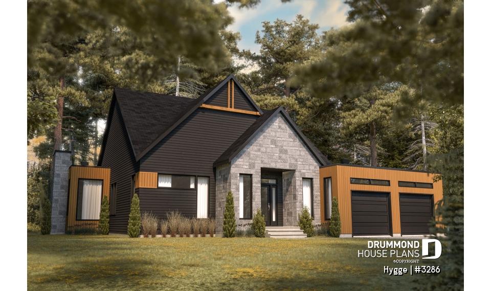 front - BASE MODEL - Modern Scandinavian Home Plan, Beautiful Master Suite, 2-car garage, Lots of Windows, Covered Rear Terrace - Hygge
