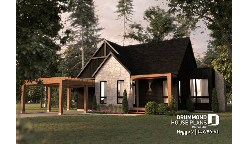 front - BASE MODEL - Scandinave home design, 2 bedrooms, open living space, huge covered terrasse, fireplace - Hygge 2