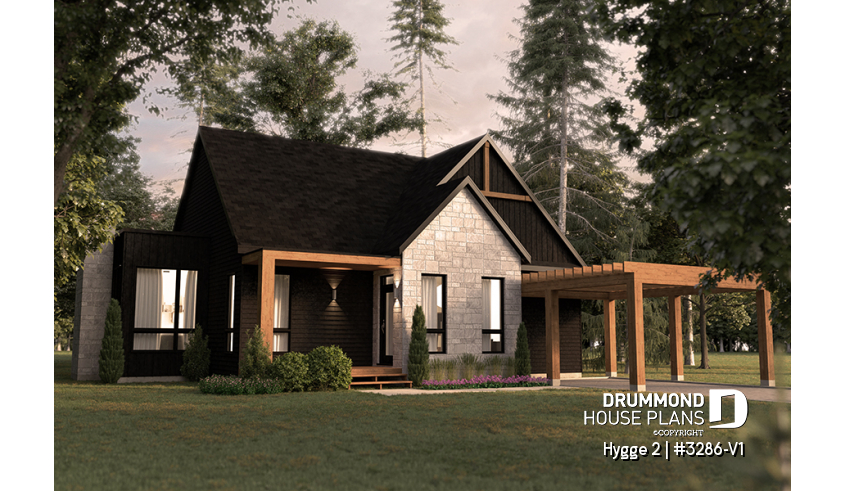 front - BASE MODEL - Scandinave home design, 2 bedrooms, open living space, huge covered terrasse, fireplace - Hygge 2