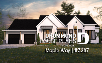 front - BASE MODEL - One-story modern farmhouse, 2 to 3 bedrooms, 2-car-garage, large covered terrace, 10' ceiling in living - Maple Way