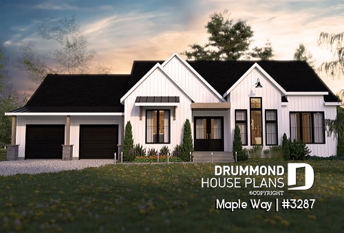 front - BASE MODEL - One-storey modern farmhouse, 2 to 3 bedrooms, 2-car-garage, large covered terrace, 10' ceiling in living - Maple Way