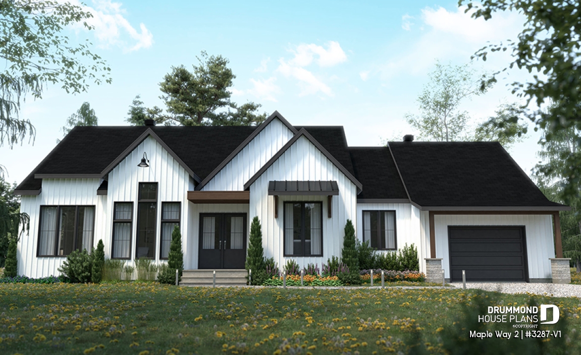 front - BASE MODEL - 3 bedrooms modern farmhouse home design with garage, home office, large master suite, family room w/fireplace - Maple Way 2